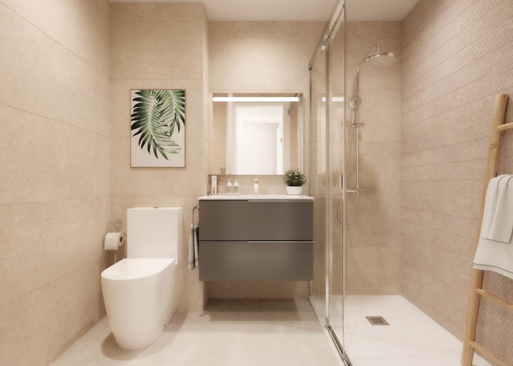 Porcelanosa TorreDelMar BanoSec BOTTEGA CALIZA L 59.6X59.6 + CORAL CALIZA 45X120 + SPIGA CORAL CALIZA 45X120